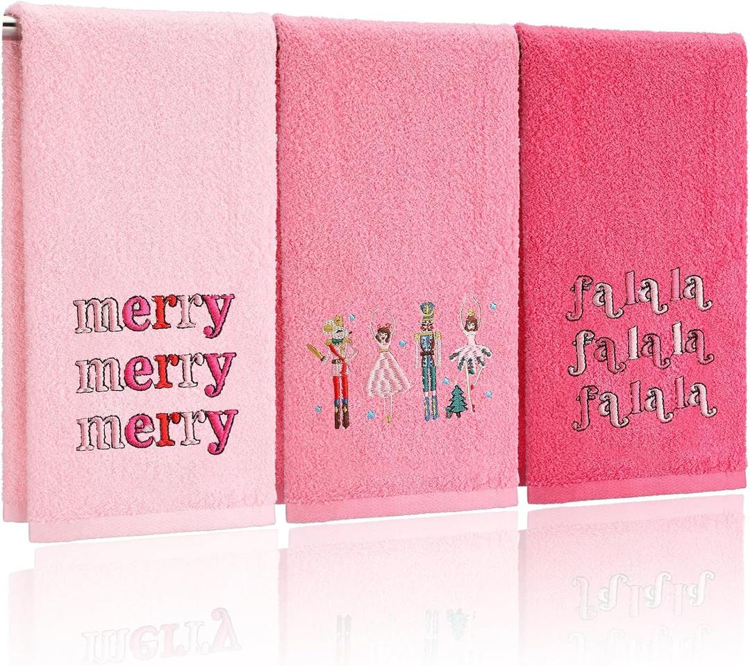 3 Pcs Christmas Hand Towels Pink Christmas Nutcracker Embroidered Decorative Bathroom Towels for Bathroom Kitchen Decor Winter Set, 100% Cotton, 13.3 x 29.5''