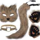 Furry Costume Therian Mask and Tail Kit, Atiofber Wolf Fox Set Fox Paws Gloves Costume Cosplay for Women Halloween (Brown, M)