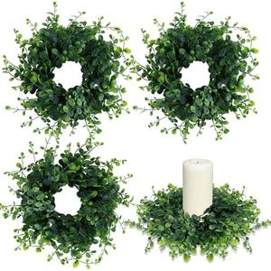 4 Pcs Candle Rings Wreaths 3 Inch Wedding Candle Rings Pillars Candle Wreath Kitchen Cabinet Wreaths Mini Green Boxwood Candle Wreath for Wedding Party Decor