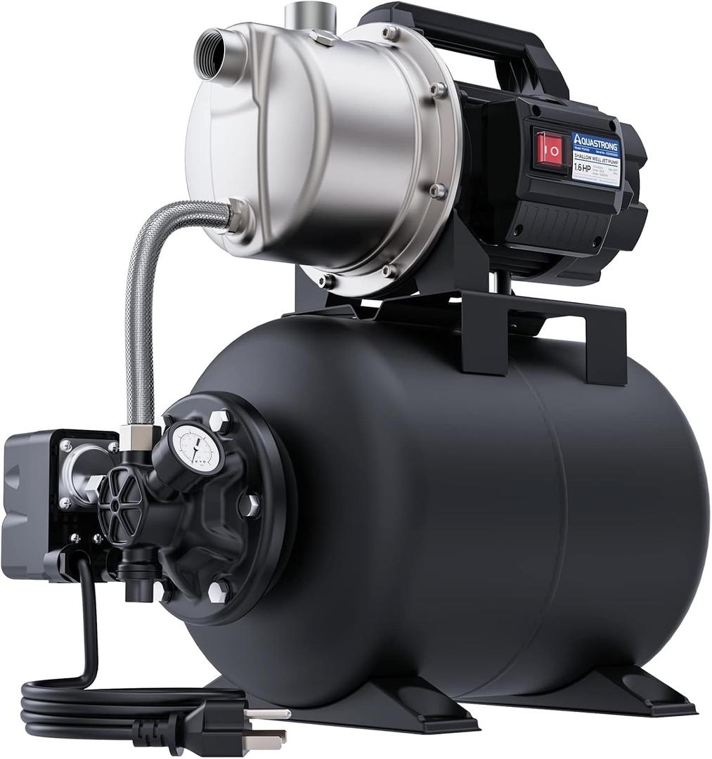 Aquastrong 1.6 HP Shallow Well Pump with Pressure Tank, 1320 GPH, 115V, Stainless Steel Irrigation, Automatic Water Booster Jet Pump for Home, Garden, Lawn