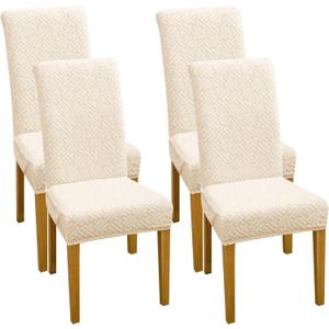 FORCHEER Chair Covers for Dining Chairs 4 Pack Beige Jacquard Stretch Parsons Chair Slipcovers Washable Removable