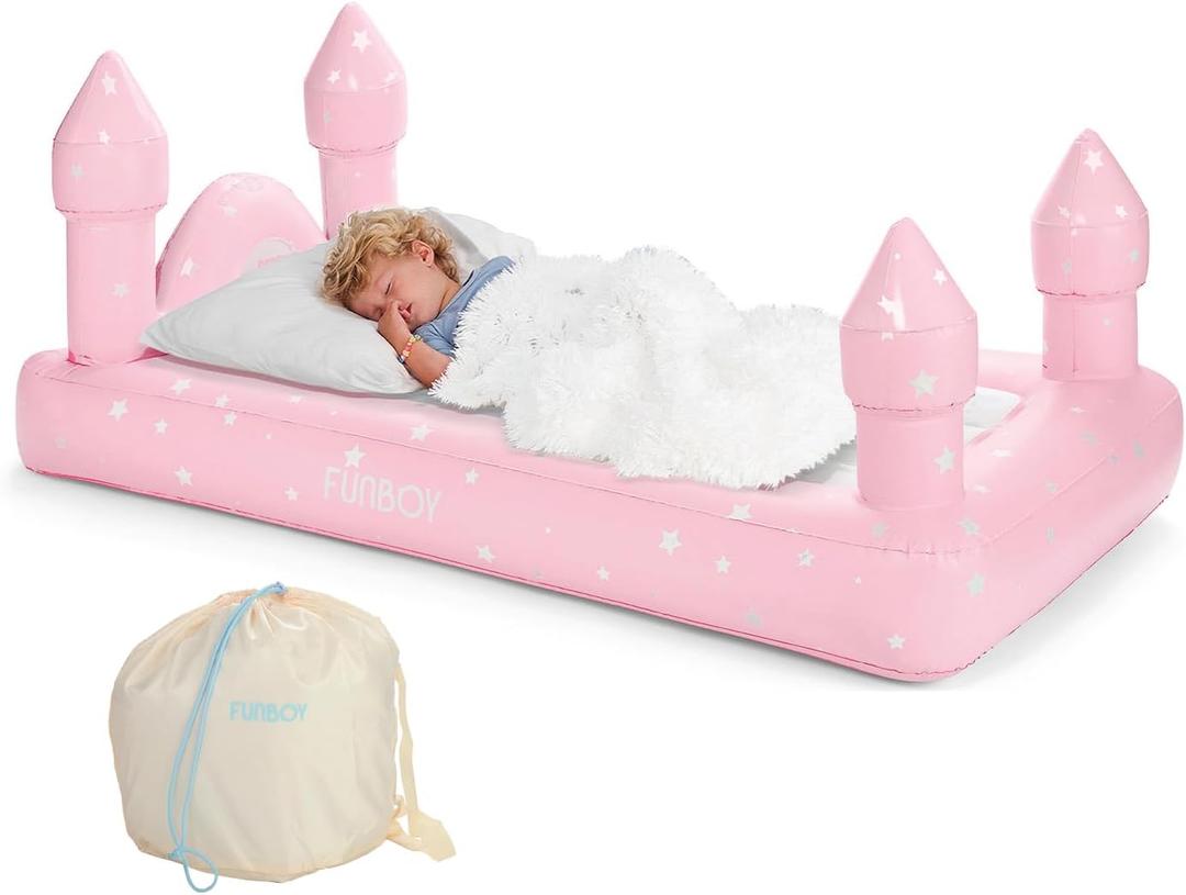 FUNBOY Kids Pink Castle Sleepover Travel Bed & Air Mattress. Perfect for Sleepovers. Includes Carrying Storage Bag, Twin (Single)
