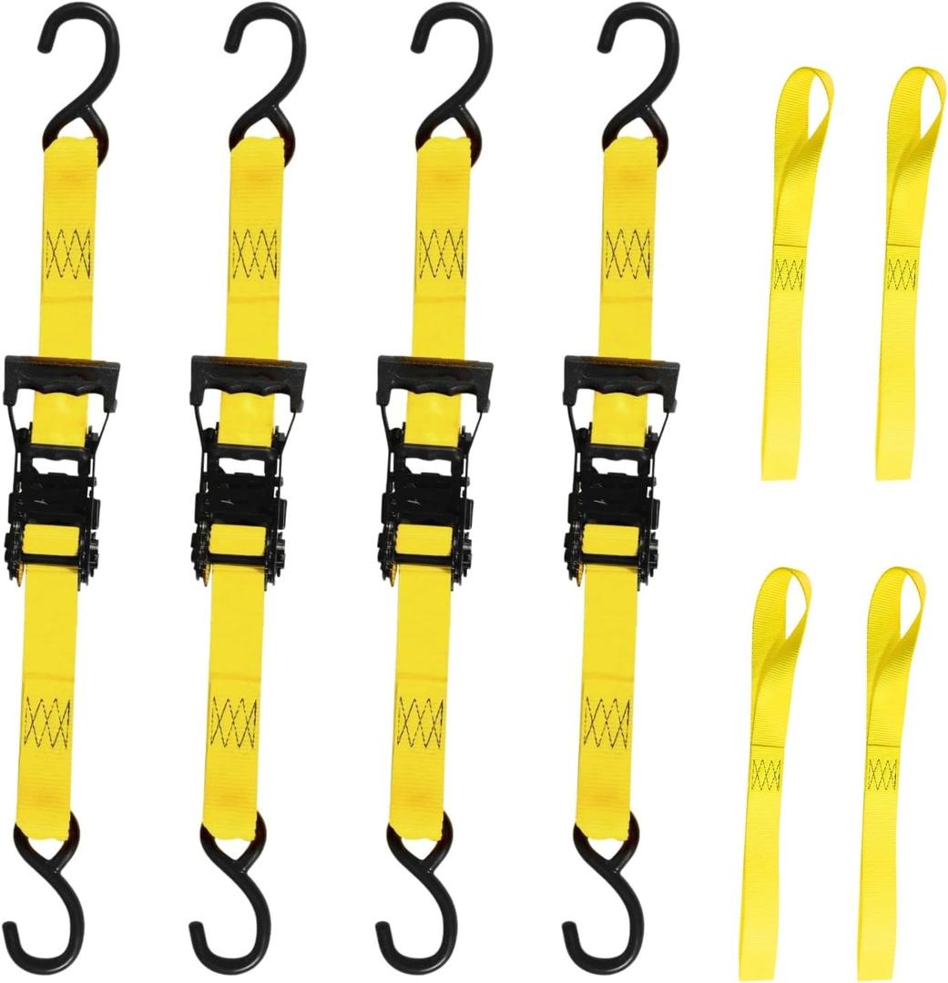 Ratchet Tie Down Straps, 1.5 inch x 12ft, 4400 LBS Break Strength for ATV, UTV, Motorcycle, Pickup Truck, Trailer, Rubber Coatded S-Hook and Soft Loop-4 Pack (Yellow)