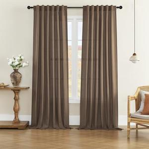 Back Tab and Rod Pocket Linen Curtains 102 Inch Length 2 Panels Set, Light Filtering Semi Sheer Farmhouse Boho Curtains & Drapes for Bedroom Living Room, W50 x L102，Brown