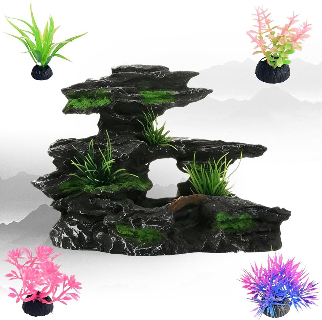 Artificial Rockery with Aquatic Plants for Aquarium Decoration - Easy-to-Clean Christmas Decoration for Betta Fish Tanks (1 Artificial Rockery, 4 Aquatic Plants)