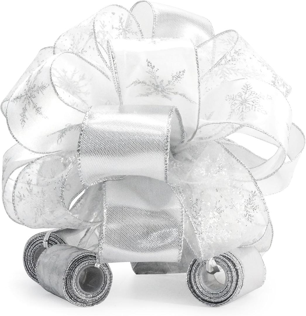 Christmas Tree Topper Bow - Bow: 11" sq. - Tails: 3 Yards Long Each - Silver Snowflake