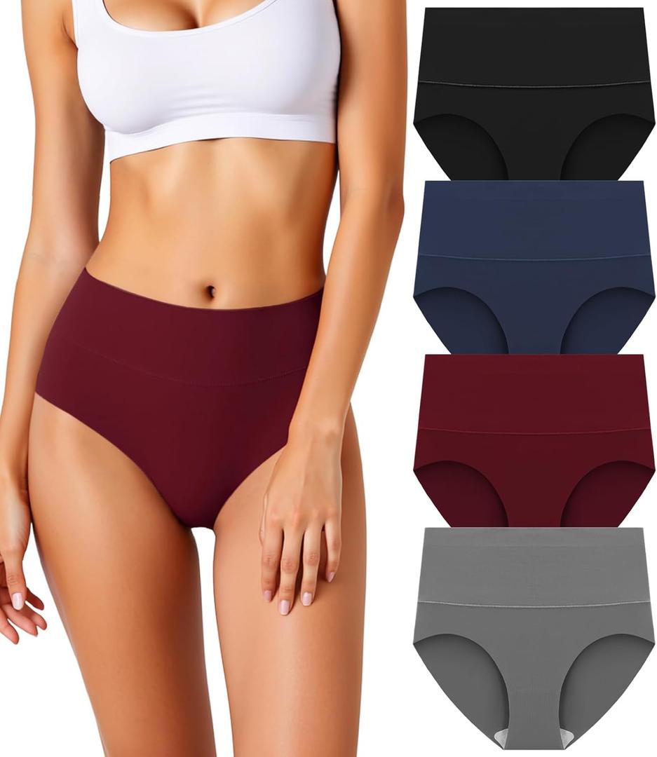 Women's Seamless Underwear High Waisted Tummy Control No Show Panties Full Coverage Stretch Briefs 4 Pack, XL