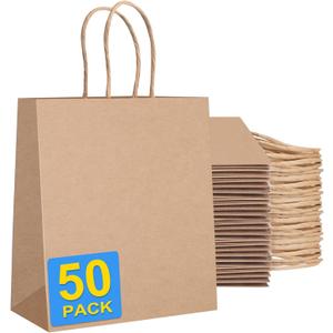 OCEUMAOA 50Pcs Brown Paper Bags with Handles Kraft Paper Gift Bags Bulk Shopping Bag Small Gift Business Goody Grocery Craft Bag 8.27x4.33x10.63 Inch
