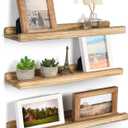 Emfogo Floating Shelves for Wall, 16.9 inch Wood Wall Shelves with Ledge, Floating Shelf Picture Ledge Set of 3 for Living Room Bedroom Kitchen Display and Storage(Rustic Brown) (Carbonized Black)