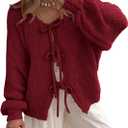PRETTYGARDEN Women's Tie Front Bow Cardigan Sweaters Chunky Knit Long Puff Sleeve Trendy Fall Winter Jacket Coats (Wine Red, Medium)