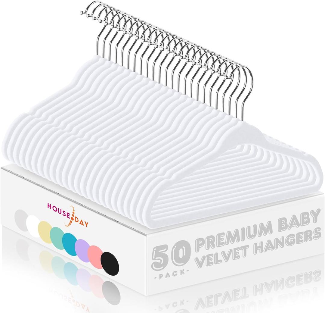 HOUSE DAY 11 Inch Velvet Baby Hangers 50 Pack White, Premium Kids Hangers for Children, Infant & Toddler Clothes, Durable Non Slip Small Baby Felt Hanger for Closet, Ideal for Everyday Use