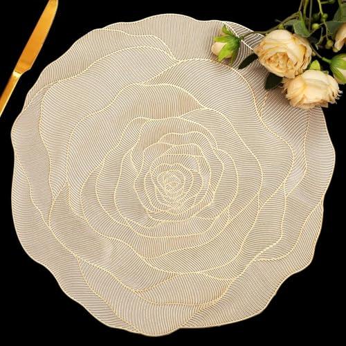 FAVE 4PCS Floral Placemats Golden Placemats Vinyl Placemats Set of 4for Dining Table Durable Table Mats for Wedding, Banquet, Birthday, Party, Restaurant Decorations（15 x15,Gold Rose）