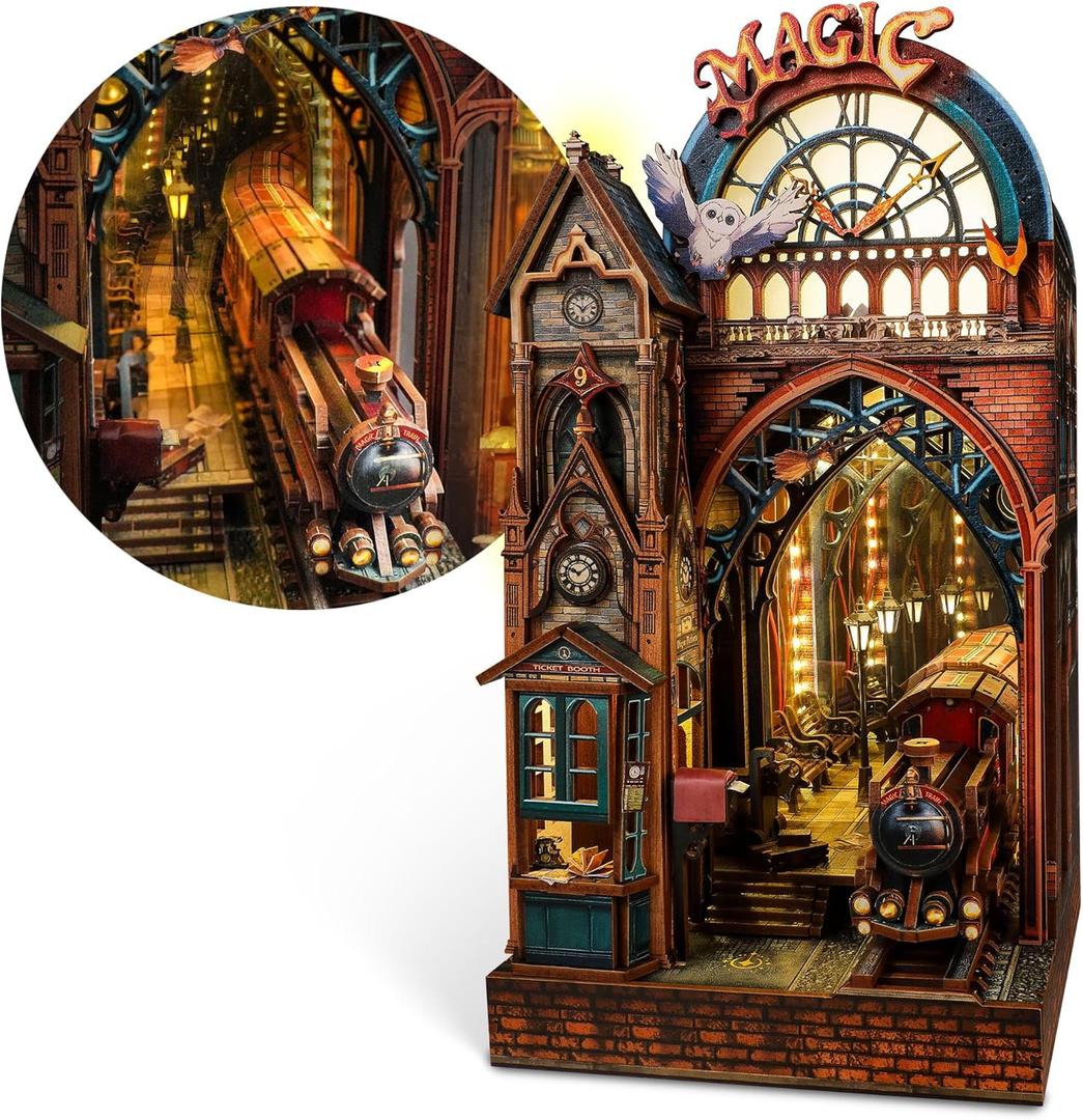 LED 3D Puzzle Magic Station Book Nook Kit - Interactive 3D Wood Puzzle LED Magical Miniature with Infinite Extension Space - DIY Bookshelf Insert Decor Gifts(Magic Station)