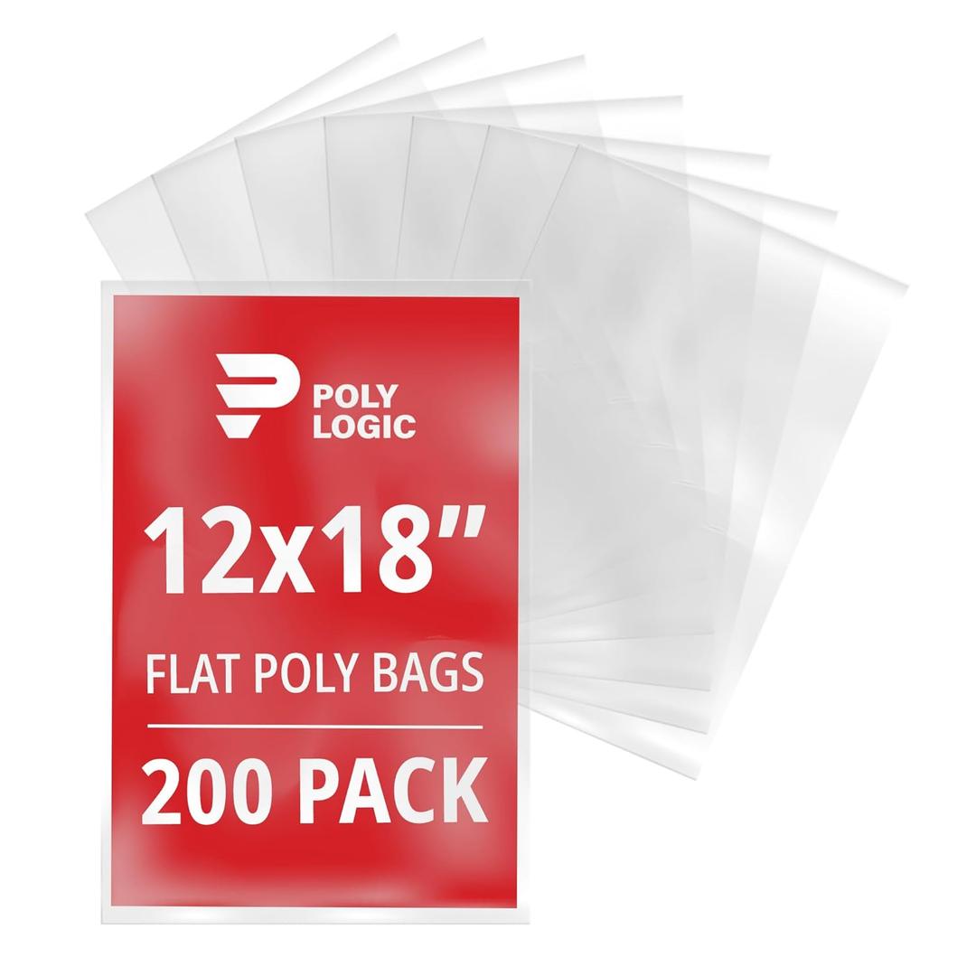 Clear 12" x 18" Flat Poly Mailer Bags 1 Mil Thick (200-Pack) | Plastic Flat Polybags for Shipping, Mailing, Packaging & Storage | Large Poly Mailers