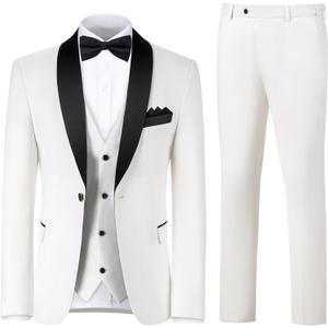 Men's 3 Piece Slim Fit Suit One Button Shawl Lapel Jacket Vest Pants Tuxedo Set with Bow Tie Pocket Square (White, XS)