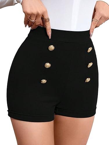 Floerns Women's Elegant High Waist Double Button Office Straight Leg Shorts, Medium, Black
