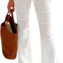 Saodimallsu Womens Beach Cover Up Pants Boho Crochet Knit High Waist Drawstring Sheer Hollow Swim Pant Swimwear (Small, White)