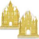 50Pcs 10 Inch Princess Castle Shaped Paper Plates Gold Glitter Castle Party Decorations Princess Disposable Dinner Plates Fairytale Themed Tableware for Girls Birthday Party Baby Shower Decoration