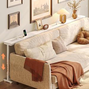 Huuger 78.7 Inch Behind Couch Table with Power Outlets, 23.9-34.4 Height Adjustable Range, Sofa Tables Narrow Long with USB-C Ports, Skinny Console Table, for Small Spaces, White