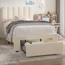VECELO Twin Size Upholstered Bed Frame with 4 Drawers and Headboard, Velvet Platform Storage Bedframe, Wooden Slats Support, No Box Spring Needed,Bone Beige