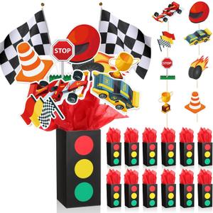 6 Sets Race Car Birthday Party Decorations Race Car Centerpieces for Tables with Traffic Boxes Themed Baby Shower Decoration Cutouts Checkered Flags for Birthday Theme Party Supplies