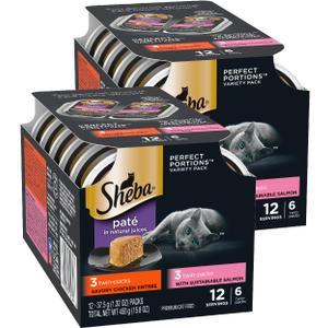 Sheba Perfect Portions Wet Cat Food Pate, Chicken Entree and with Sustainable Salmon Entree, Cat Food Wet Recipe Variety Pack, 2.6 oz. Twin-Pack Trays (6 Count, 12 Servings) (Pack of 2) Best By 03/2026