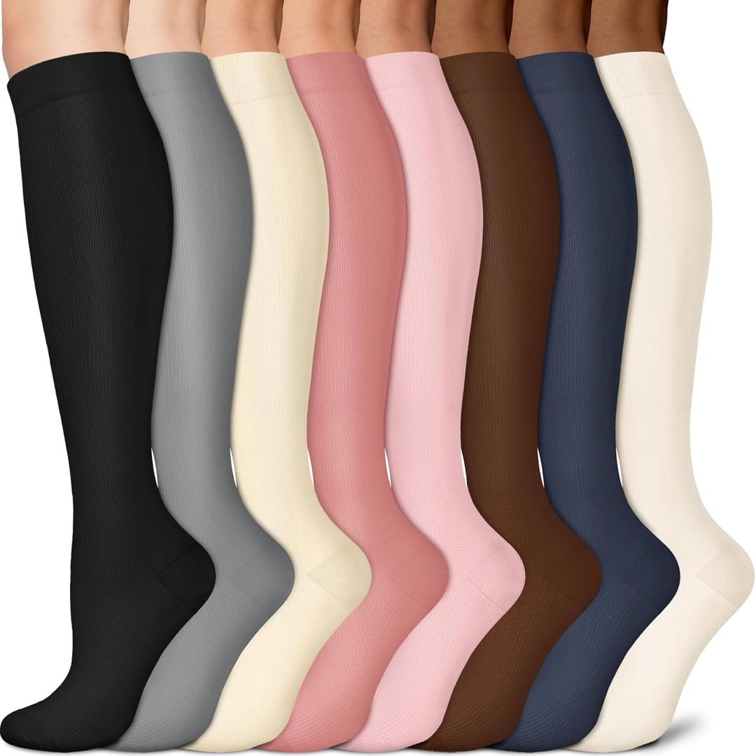 Sooverki Copper Compression Socks for Men & Women 8 Pack 15-20mmHg - Knee High Stockings Best Support for Running Athletic (Large-X-Large, 02 D - Assorted)