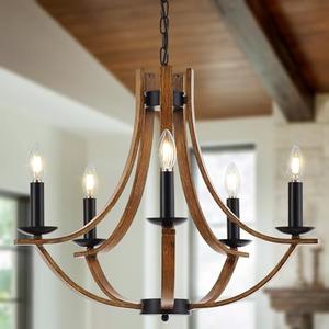 Widluth 22“ Farmhouse Wooden Chandelier Modern Vintage 5-Lights Candle Style Chandeliers with Wood Finish Metal Industrial Retro Rustic Black Chandelier for Dining Room, Kitchen, Living Room, E12