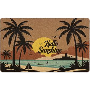 Beach Hello Sunshine Door Mat, Coastal Summer Doormat, Beach Welcome Front Door Mat Indoor Outdoor Entrance, Boho Beachy Artificial Coir Doormats Rugs for Patio Entry Home Decor, 30x17in