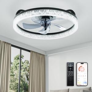 Ceiling Fans with Lights and Remote, Low Profile Ceiling Fan with Light, 19 Flush Mount Modern Fandelier, Bladeless Dimmable LED, 6 Speeds for Bedroom, Living Room