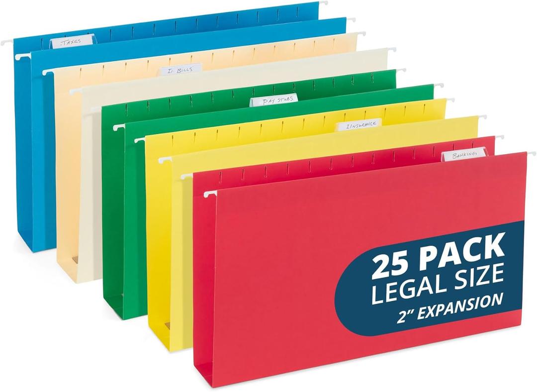 25 Blue Summit Supplies Legal Size Hanging File Folders - Assorted Colors, 2" Expansion, Legal Hanging File Folders for Filing Cabinet, 9.5" x 14.75", 11PT Paper Stock with Tabs and Inserts Included