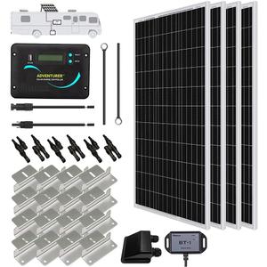 Renogy 400W 12V RV Solar Panel Kit, 4*100 Watt Monocrystalline Solar Panel, Adventurer 30A LCD PWM Charge Controller, BT1 Bluetooth Module,Mounting Brackets, Y-Connectors, Cables for Off-Grid System