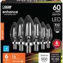 Feit Electric 60W Equivalent Candelabra LED Light Bulb, Dimmable, E12 Base, 2700K Soft White, B10 Filament Torpedo Tip Decorative Lighting Bulbs, 13-Year Lifetime, CTC60/927CA/FIL/6, 6-Pack
