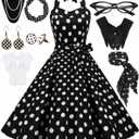Women's 1950s Polka Dress Set Audrey Vintage-Inspired Cocktail Halter Swing Dress with Accessories 10PCS (Large, Black)