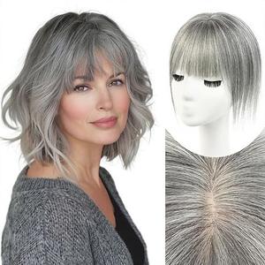 Hair Topper with Bangs Covers Thinning Crown, Receding Hairline for Women Clip-In Human Hair Topper for Thinning Hair (Grey, 10Inch)