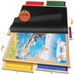 1500 Piece Rotating Puzzle Board Pro, 34" x 25" with 6 Drawers, Rubber Cover Mat, 360 Lasy Susan, Sort-Wise Colorful Felt Drawers & 4 Trays, Wooden Jigsaw Puzzle Table, Birthday Gifts for Mom