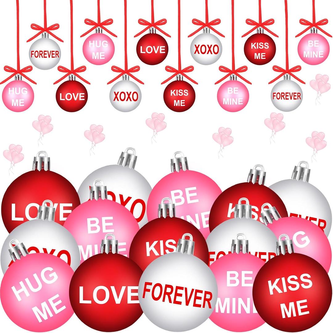 BBTO 24 Pcs Valentines Day Ball Ornaments 1.97 Inch Red Pink Valentines Tree Letter Hanging Decorations Plastic Ball Home Decorations for Wedding Gift Anniversary Festival Party Decor