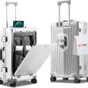 YYW All Aluminium Luggage With Spinner Wheels Lightweight PC hardside Rolling Suitcase, Built-In TSA lock Carry on Suitcase, with Cup Holder, USB Port, Phone Holder (Silver,24inch/39x25x65cm)