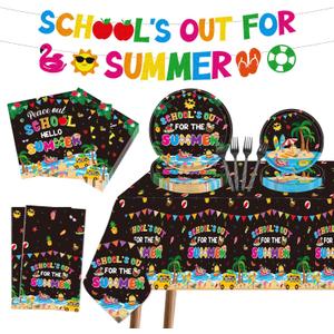 Schools Out for Summer Party Decorations - 100 Pcs School's Out for the Summer Banners Tablecloths Plates Napkins Forks, Last Day of School Pool Supplies for Vacation Serves 24