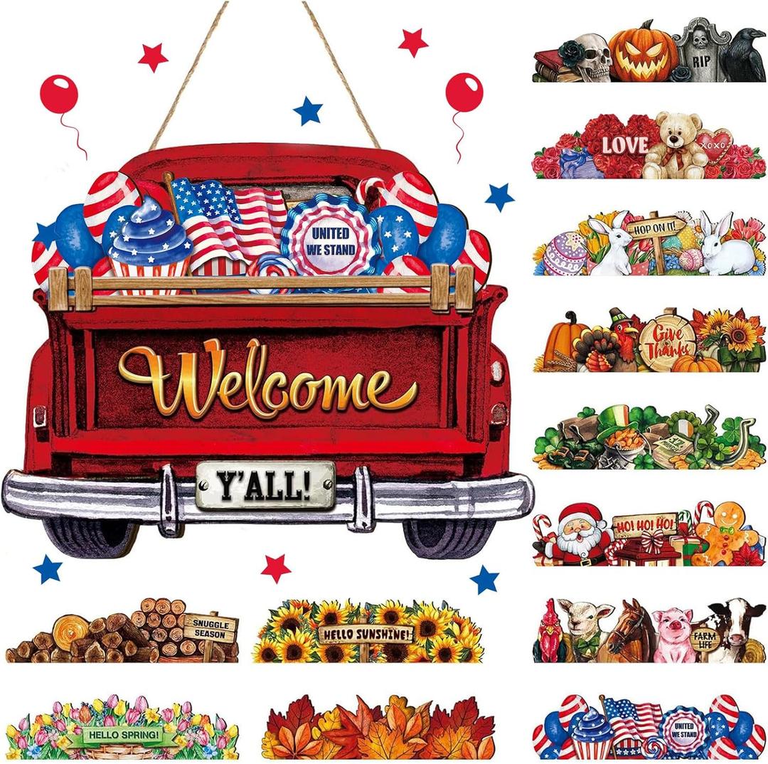 Ferraycle Interchangeable Welcome Sign for Front Door 4th of July Hanging Sign with 12 Holiday Icons Farmhouse Seasonal Welcome Signs Rustic Interchangeable Holiday Decor for Summer(Fresh Color)