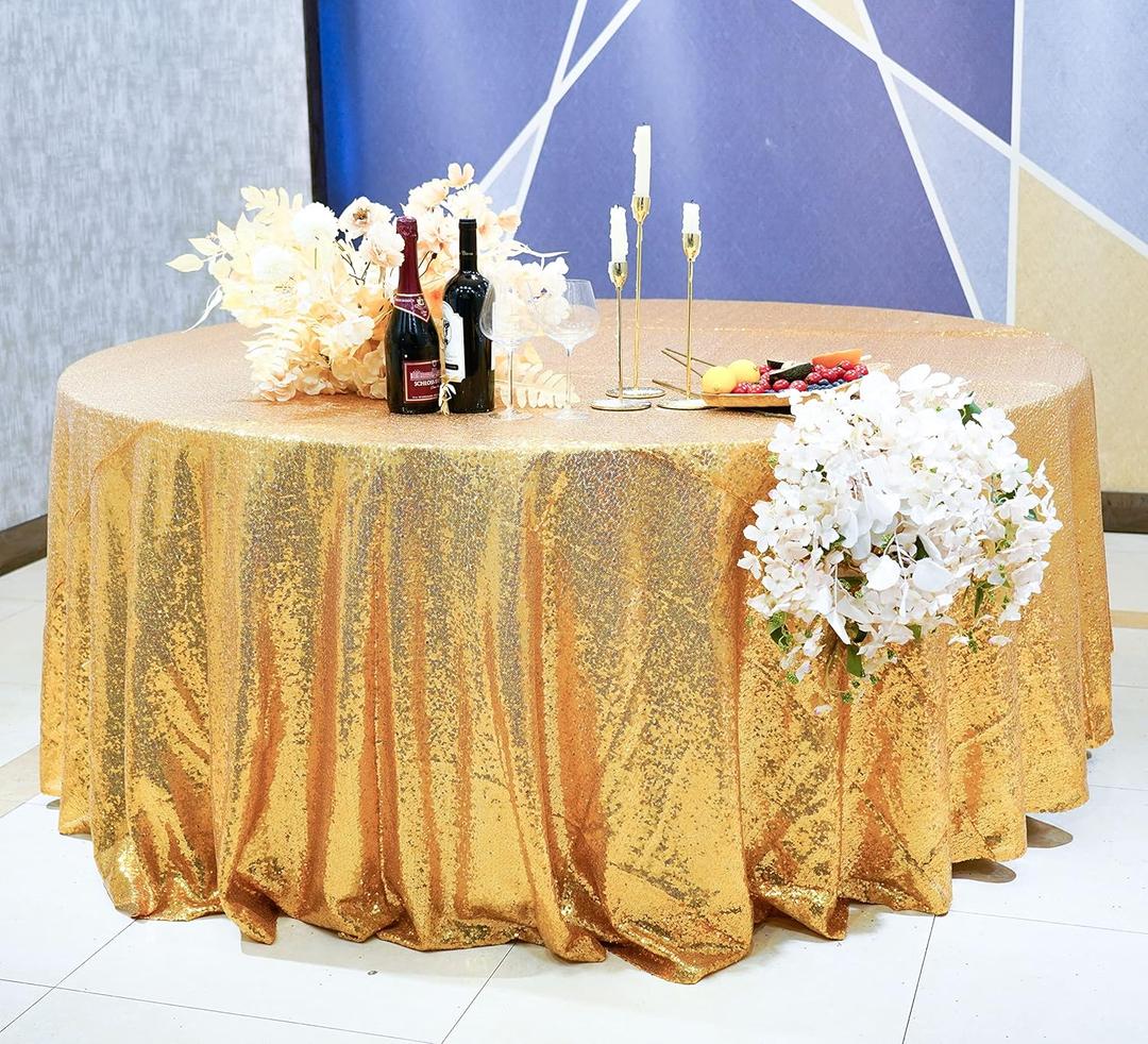 Gold Sequin Round Tablecloth 120'' - Dazzling Decorations for Weddings, Parties, Baby & Bridal Showers