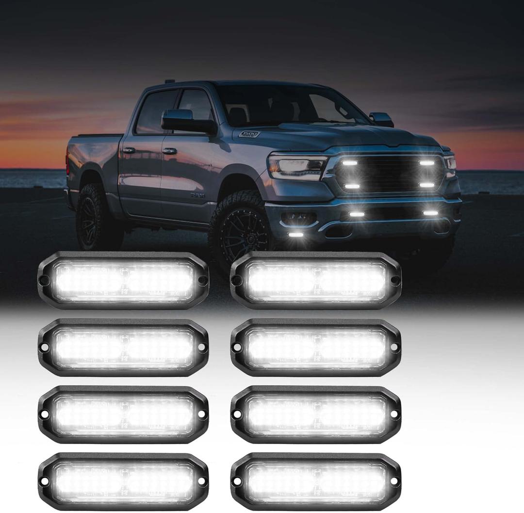 WINECO 8pcs Ultra Slim White 12-LED Surface Mount Grille Flash side marker Emergency Strobe Lights,Grill Warning Police Lights Hazard Beacon Flashing Caution Light for Vehicles Motorcycles 12V-24V