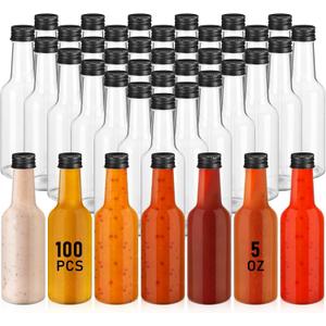 Zubebe 100 Pcs Hot Sauce Bottles Small Plastic Clear Woozy Bottles Empty with Leak Proof Black Screw Cap Mini Wine Liquor jars for Kitchen Sauce Salad Dressing Syrup Juice Whiskey(5 oz)