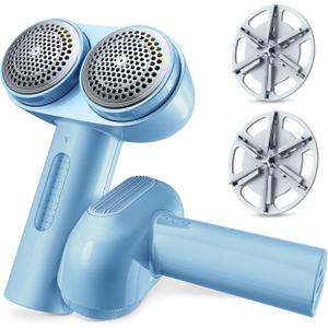 TORRAS Dual-Head Fabric Shaver, Longest Durability & 50ml Large Capacity Rechargeable Lint Removers to Remove Pills, 6-Leaf Blades Defuzzer, Electric Shaver for Clothes Couch Furniture, Sky Blue