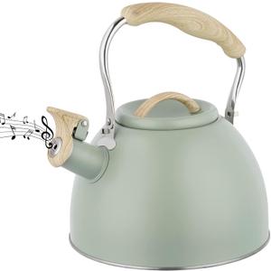Tea Kettle -3.0 Quart Whistling Tea Kettle for Stove Top Stainless Steel Tea Pot Stovetop Food Grade Water Kettle with Wood Pattern Handle for Coffee/Tea/Milk Kettle Pot-Green