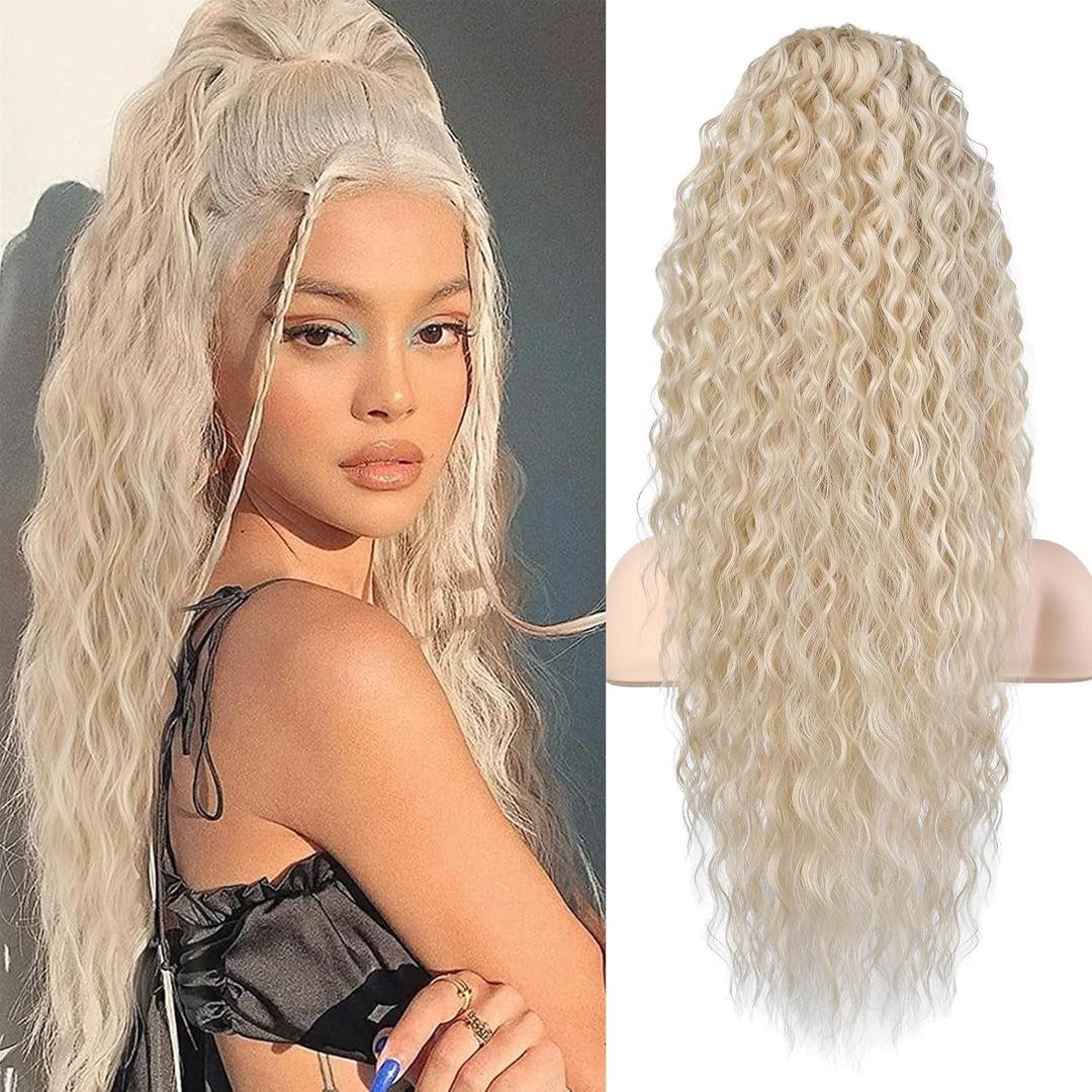 Flufymooz Ponytail Extension, 26 Inch Bohemian Style Drawstring Ponytail Hair Extensions for Women, Long Curly Wavy Pony Tail Natural Synthetic Hairpiece for Women (26 Inch Cool Blonde)