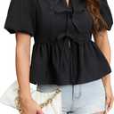 Womens Babydoll Peplum Tops Summer Puff Short Sleeve Bow Tie Blouse Y2k Cute Trendy 2025 Shirts (Black, S)