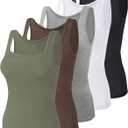 BQTQ 5 Pack Women's Tank Tops Square Neck Sleeveless Ladies Tank Top Undershirts (XX-Large, Black, Gray, Whit, Coffee, Army Green)