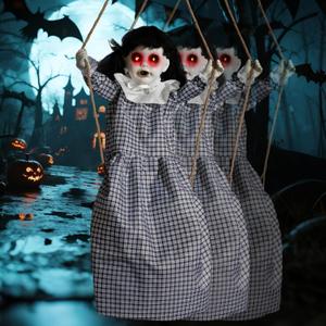 JOYIN Outdoor Halloween Hanging Scary Swing Girl Decorations, Outdoor Swinging Doll with Creepy Sound and Light Up Eyes Sound, Animated Hanging Decors Activated for Garden Yard Lawn