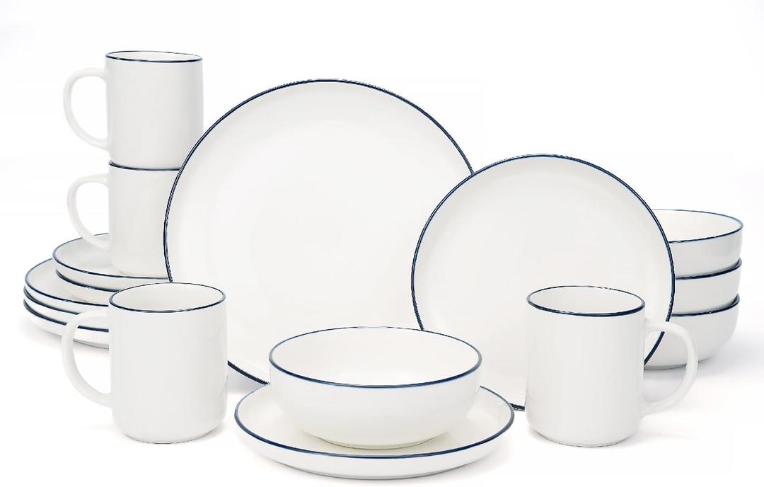 OTAGO 16-Piece Dinnerware Set for 4 with 4 Mugs, White with blue rim Stoneware Plates and Bowls Sets, Ceramic Dish Set for Kitchen, Dinner & Dining, Blue Rim, Microwave & Dishwasher Safe
